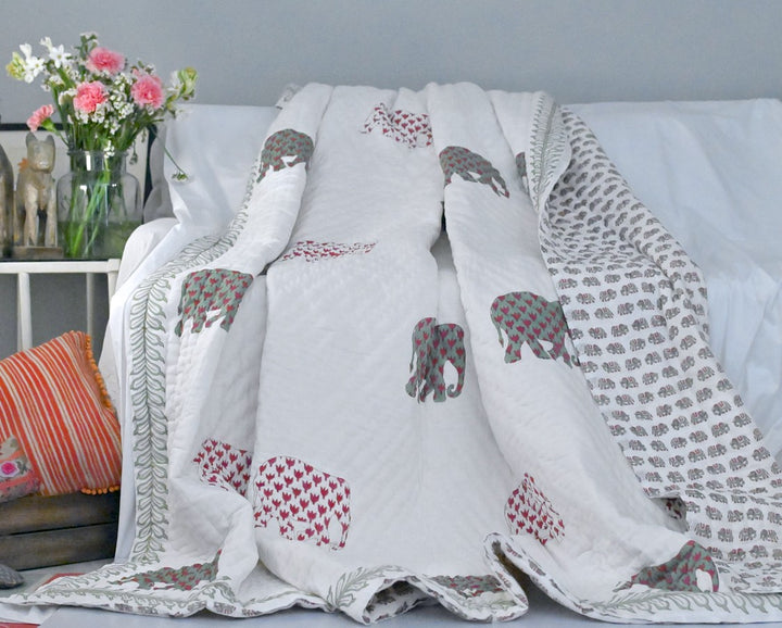 Sanawar, Sustainably made Elephant Block Print, Hand Block Print Quilt 100X92" - kinchecom
