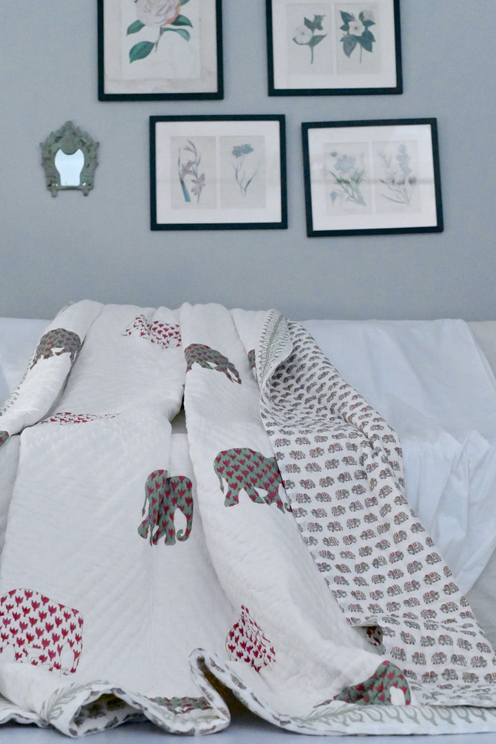 Sanawar, Sustainably made Elephant Block Print, Hand Block Print Quilt 100X92" - kinchecom