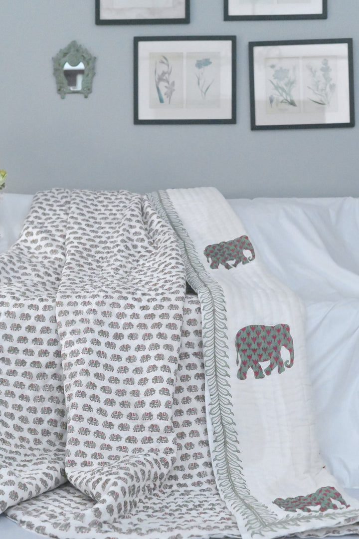 Sanawar, Sustainably made Elephant Block Print, Hand Block Print Quilt 100X92" - kinchecom