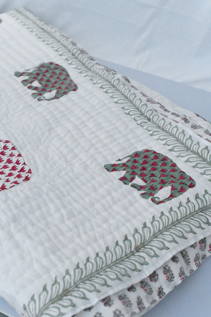 Sanawar, Sustainably made Elephant Block Print, Hand Block Print Quilt 100X92" - kinchecom