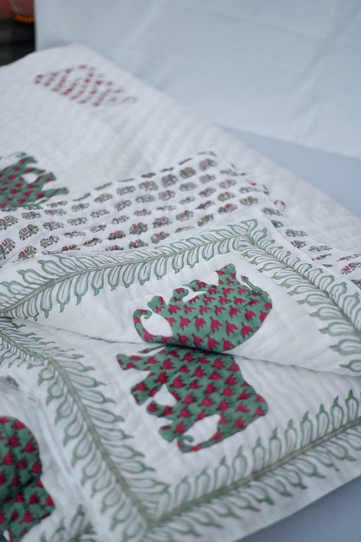 Sanawar, Sustainably made Elephant Block Print, Hand Block Print Quilt 100X92" - kinchecom