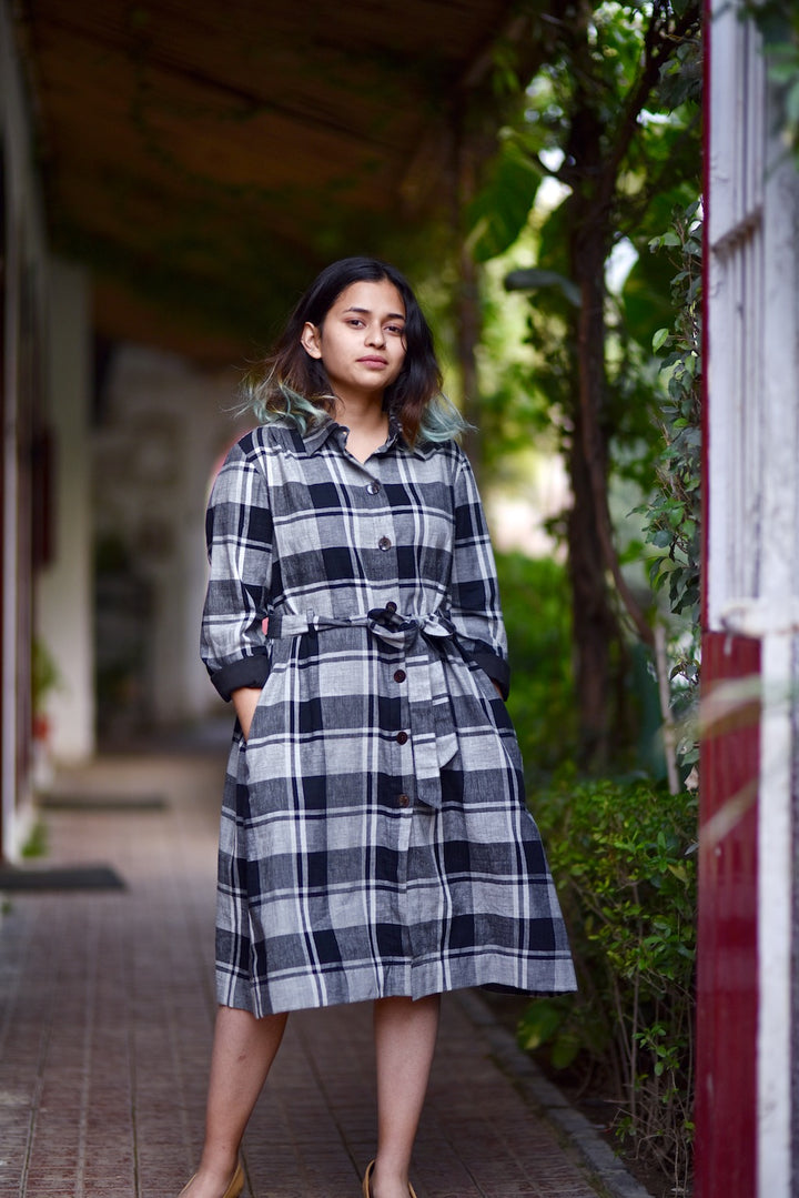 Estonia, Hand Woven Khadi Check Shirt Dress with Fabric Belt at Waist - kinchecom