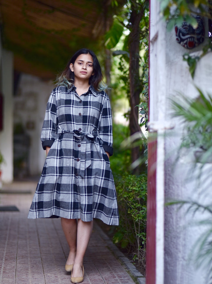 Black and Grey Khadi Check Dress by kaito