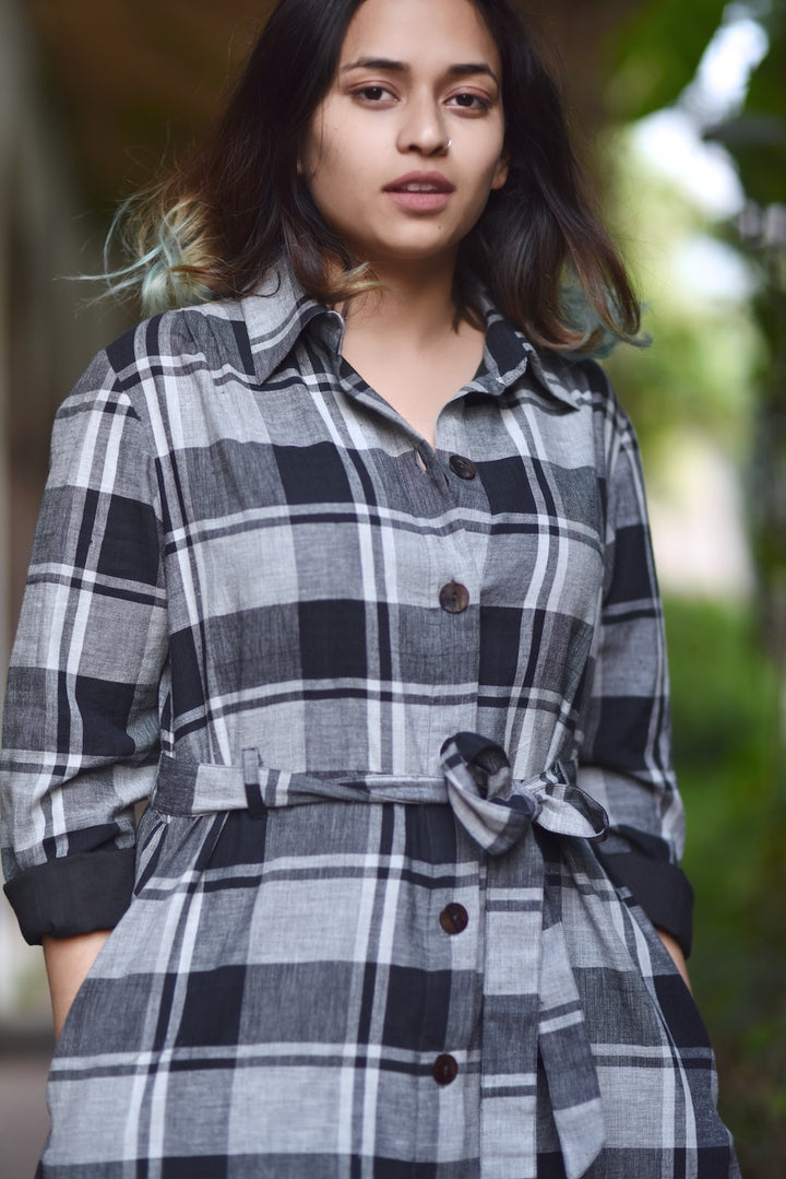 Estonia, Hand Woven Khadi Check Shirt Dress with Fabric Belt at Waist - kinchecom