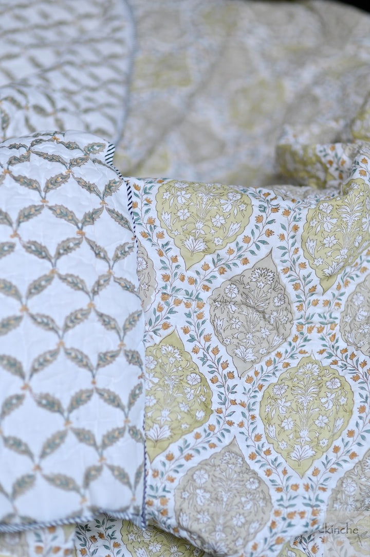Kolkata Jaipuri Quilt/ Razai, Mughal Floral Print in Deep Yellow, Handmade 100X92" - kinchecom