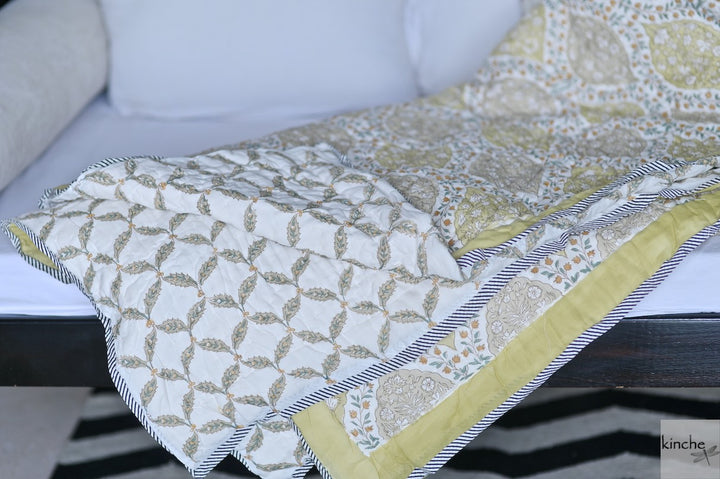 Kolkata Jaipuri Quilt/ Razai, Mughal Floral Print in Deep Yellow, Handmade 100X92" - kinchecom