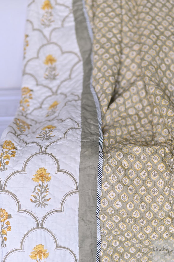 Arunachal, Hand Block Quilt/Razai in a Beautiful Block Print, Handmade 100X92" - kinchecom