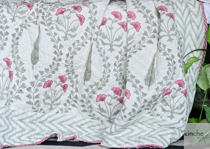 Konkan, Hand Block Quilt/Razai in a Beautiful Block Print, Handmade 100X92" - kinchecom