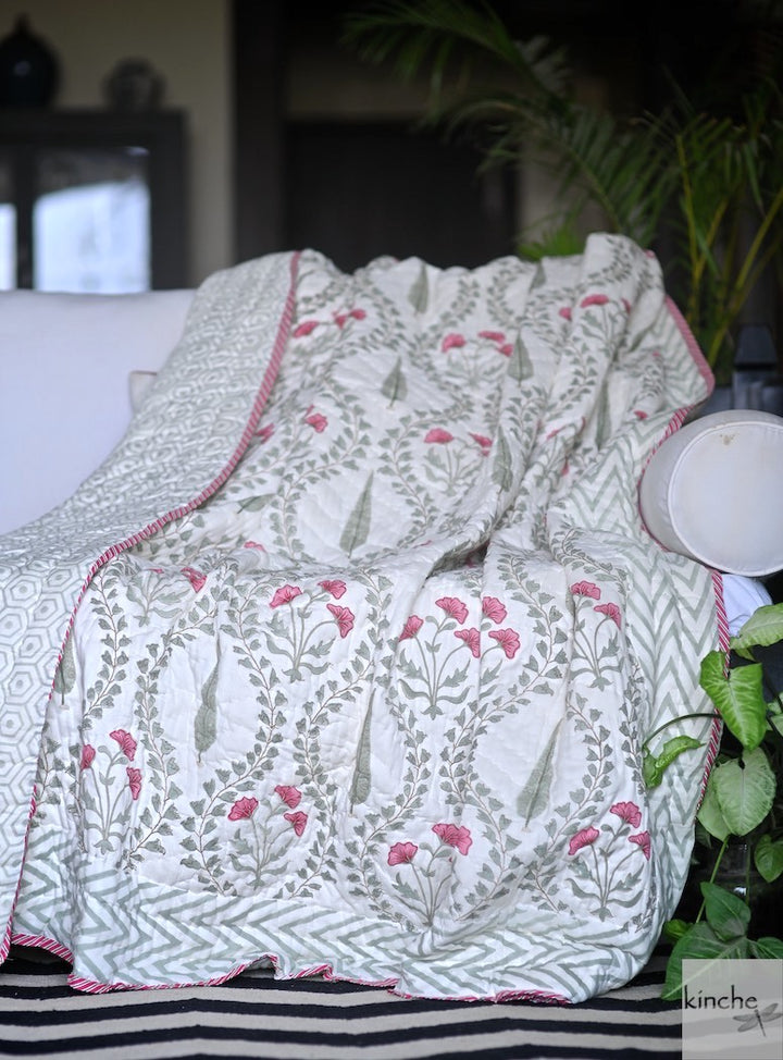 Konkan, Hand Block Quilt/Razai in a Beautiful Block Print, Handmade 100X92" - kinchecom
