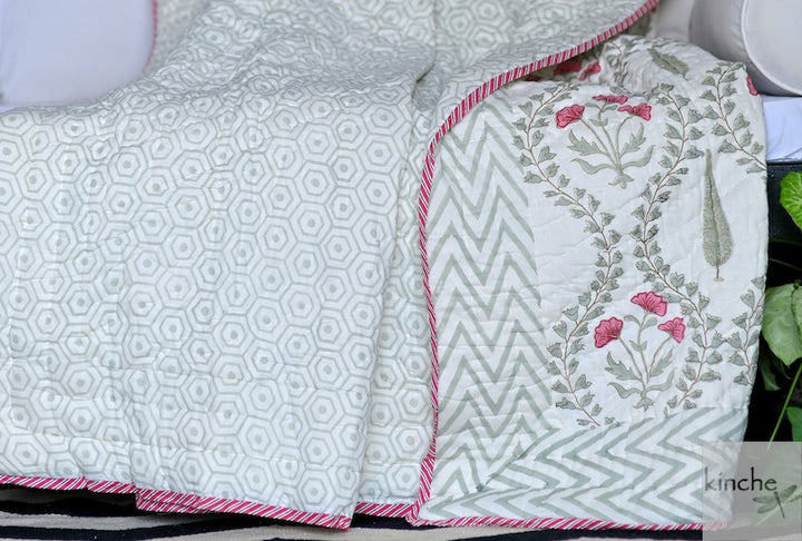 Konkan, Hand Block Quilt/Razai in a Beautiful Block Print, Handmade 100X92" - kinchecom