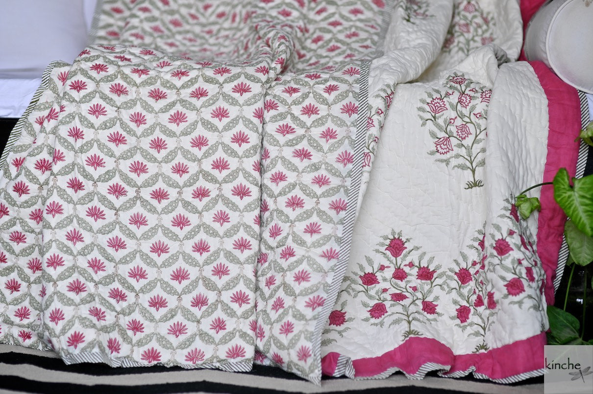 Rasia, Set of 2 Single Quilts, Handmade and Handblock Printed 90X60" - kinchecom