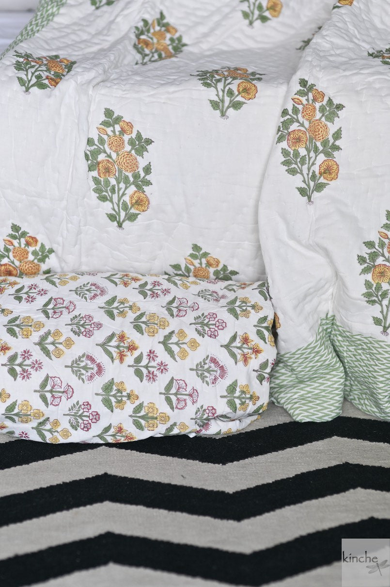 Rekhta, Set of 2 Single Quilts, Handmade and Hand Block Printed 90X60" - kinchecom