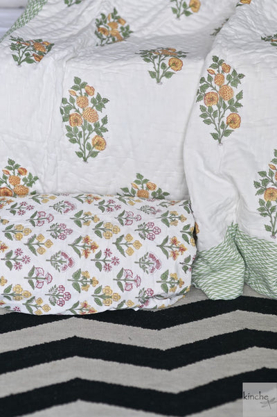 Rekhta, Set of 2 Single Quilts, Handmade and Hand Block Printed 90X60" - kinchecom