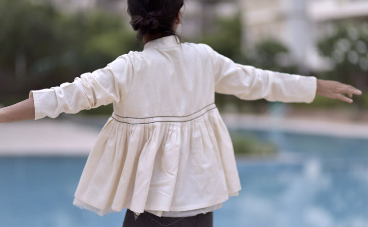 Dublin, Pure Khaadi Flared Cropped Blouse with Hand Embroidery, Off White - kinchecom