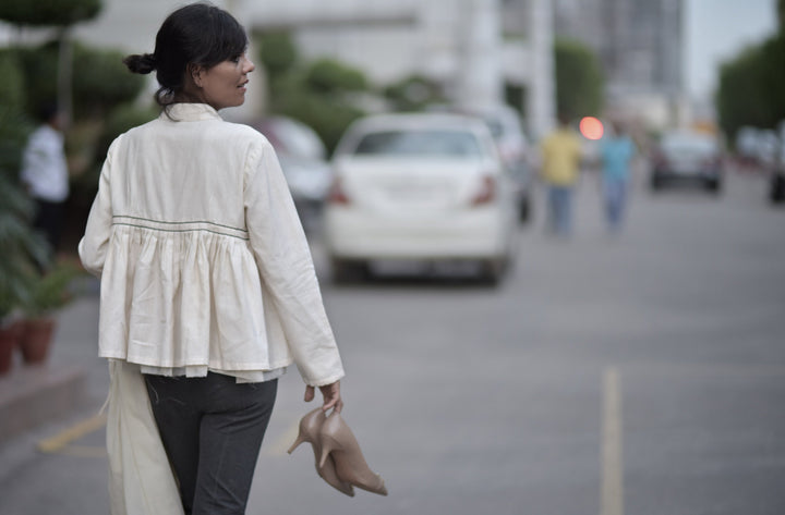 Dublin, Pure Khaadi Flared Cropped Blouse with Hand Embroidery, Off White - kinchecom