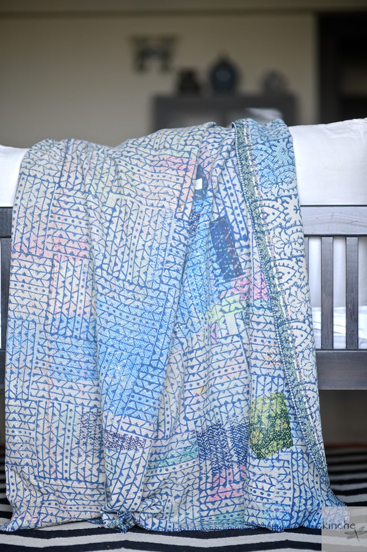 Madhopur, Rare kantha Collectible Quilt in Medium to Heavy Weight and Embroidery - kinchecom