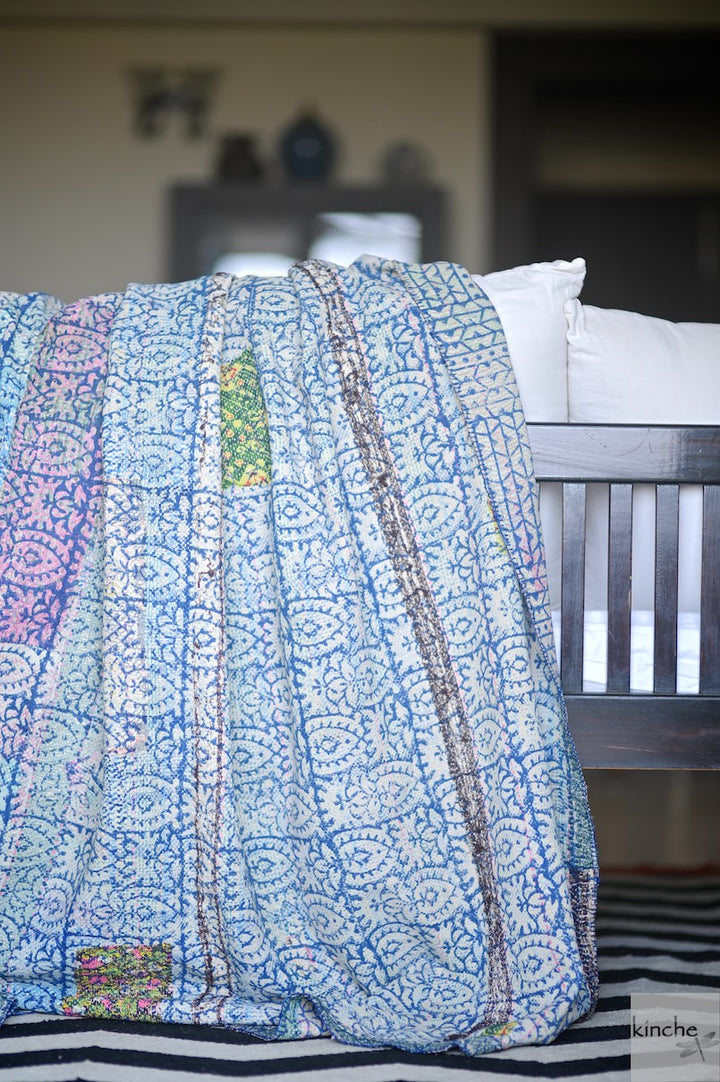 Madhopur, Rare kantha Collectible Quilt in Medium to Heavy Weight and Embroidery - kinchecom