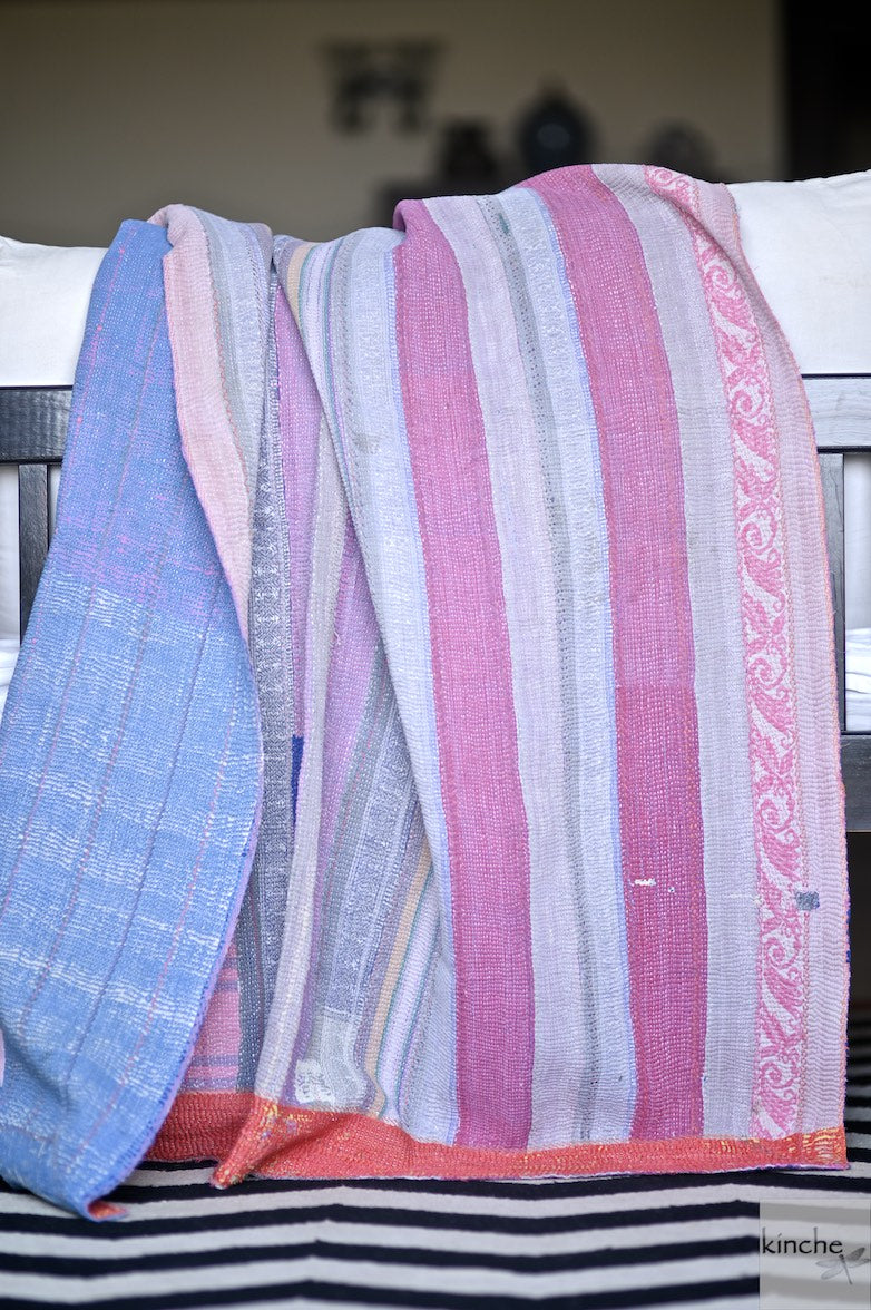 Sikar, Rare Kantha Collectible Quilt in Medium to Heavy Weight and Embroidery - kinchecom