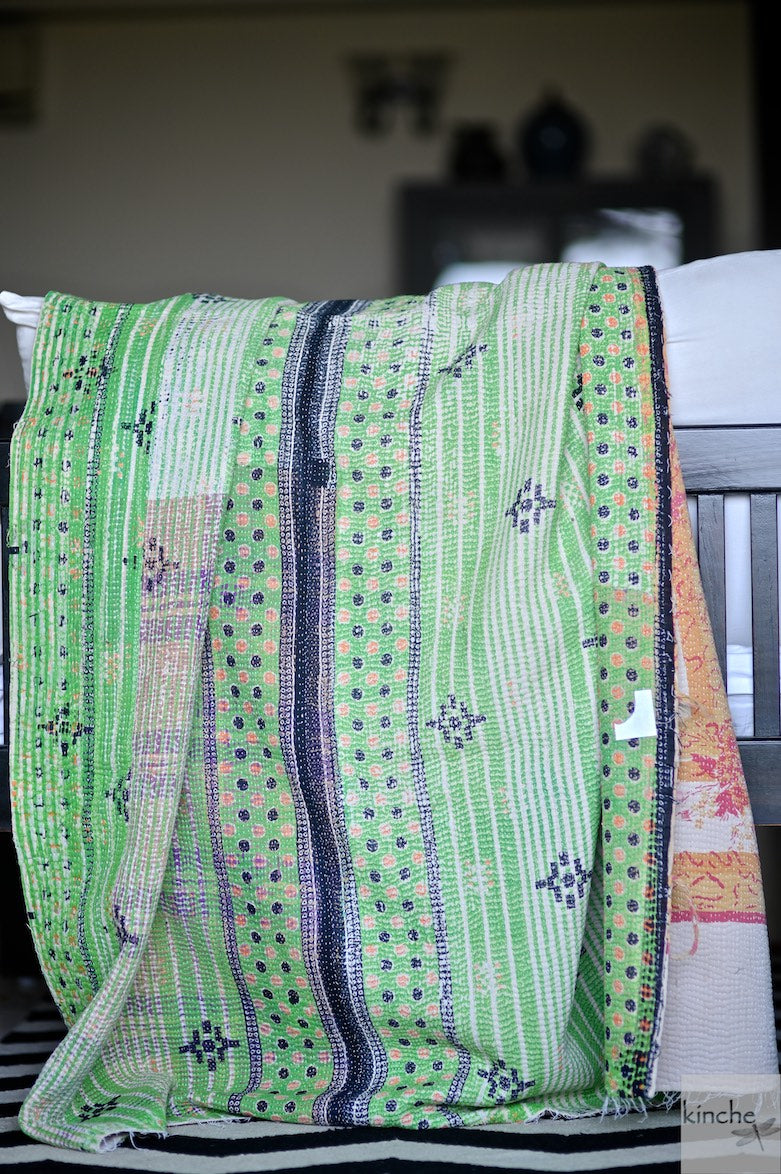 Dushna, Rare Kantha Collectible Quilt in Medium to Heavy Weight and Embroidery - kinchecom