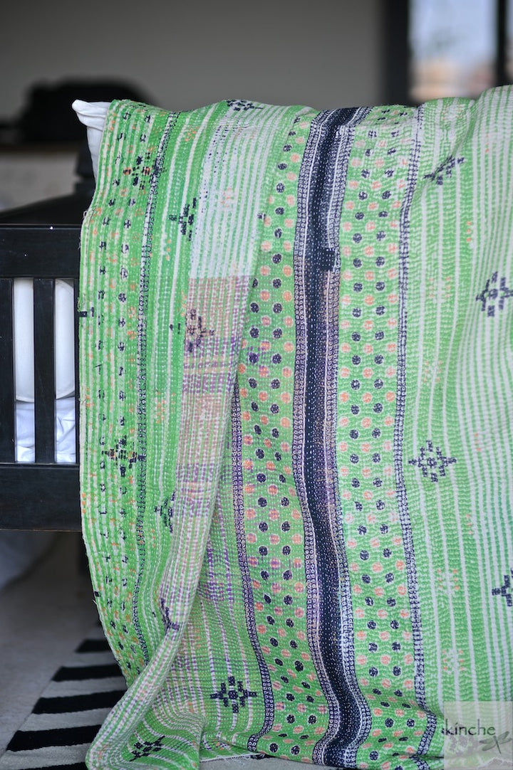 Dushna, Rare Kantha Collectible Quilt in Medium to Heavy Weight and Embroidery - kinchecom