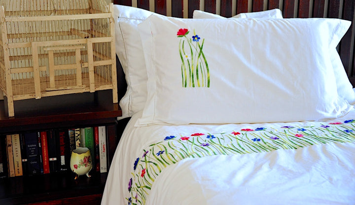 Hand Embroidered Floral Duvet Cover, at hem, Multicolor Tulip Flowers - kinchecom