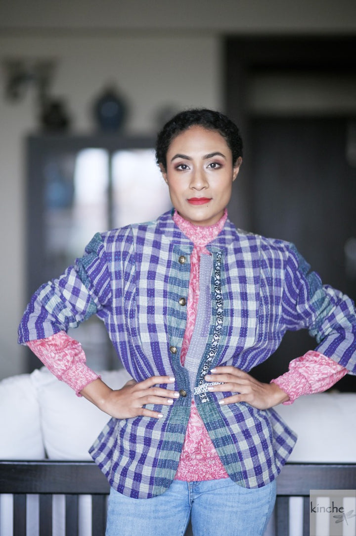 Size large, Daya, Purple Madras Check, Quilted Cotton Jacket - kinchecom