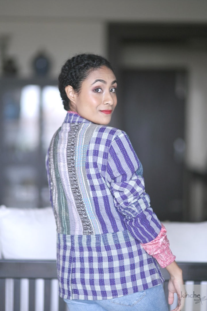 Size large, Daya, Purple Madras Check, Quilted Cotton Jacket - kinchecom