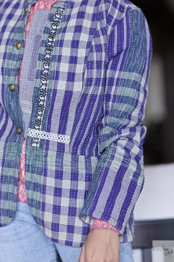 Size large, Daya, Purple Madras Check, Quilted Cotton Jacket - kinchecom