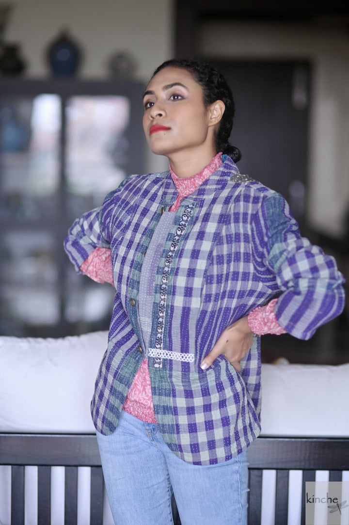 Size large, Daya, Purple Madras Check, Quilted Cotton Jacket - kinchecom