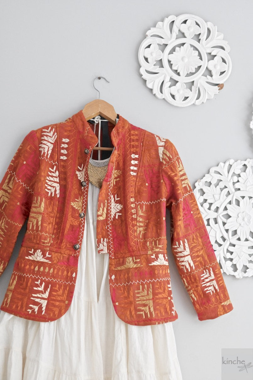 handmade Vintage Phulkari Short Jacket, antique Phulkari