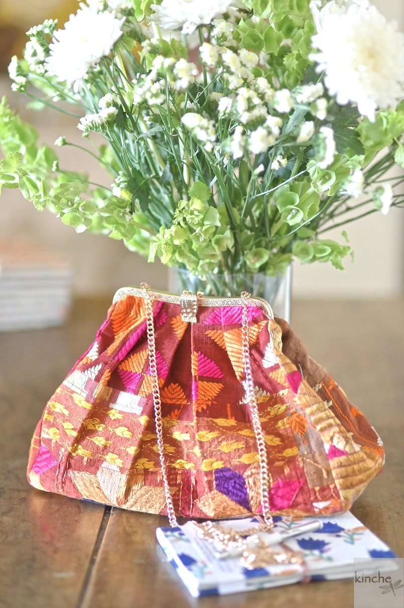 Emma, Handmade Vintage Phulkari Clasp Handbag, One of a Kind - kinchecom