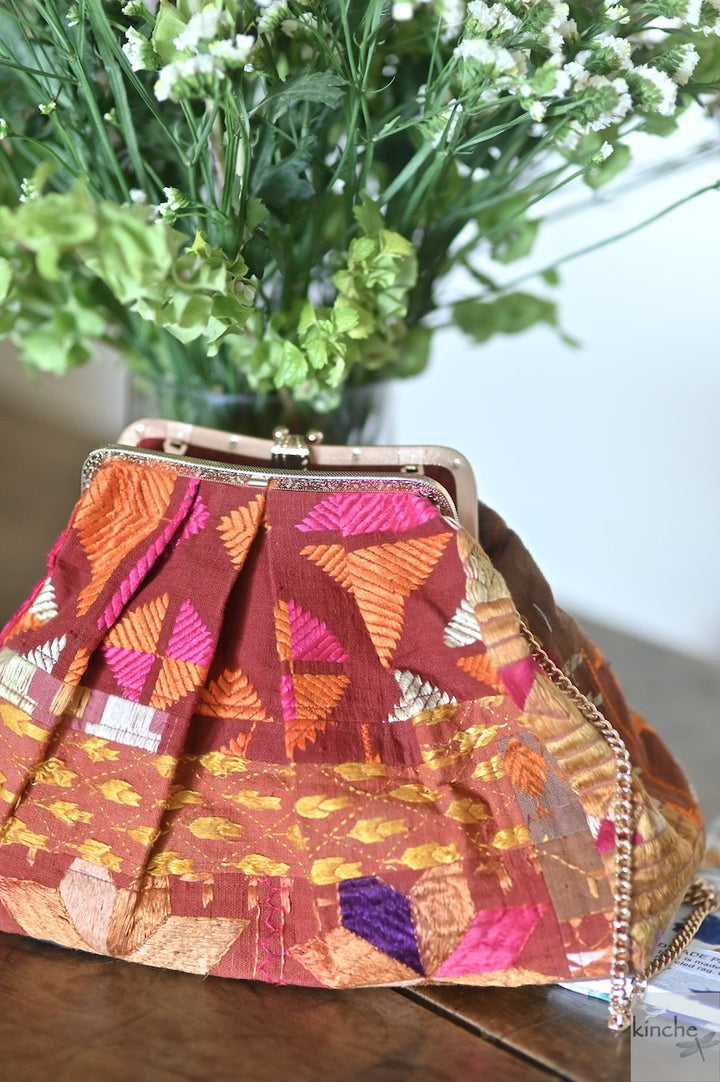 Emma, Handmade Vintage Phulkari Clasp Handbag, One of a Kind - kinchecom