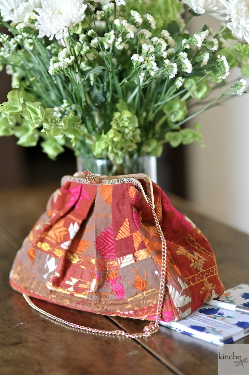 Emma, Handmade Vintage Phulkari Clasp Handbag, One of a Kind - kinchecom
