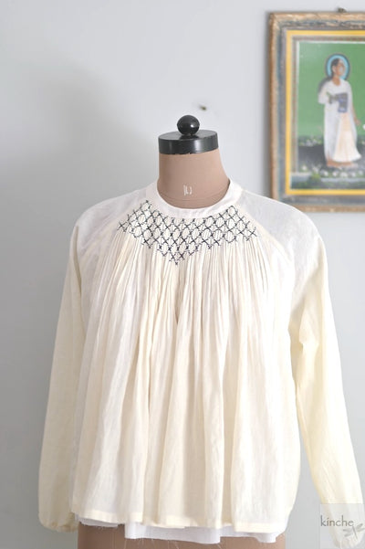 Eunseo, Hand Smocked Khadi, Layered Blouse with Halter Bell Sleeves - kinchecom