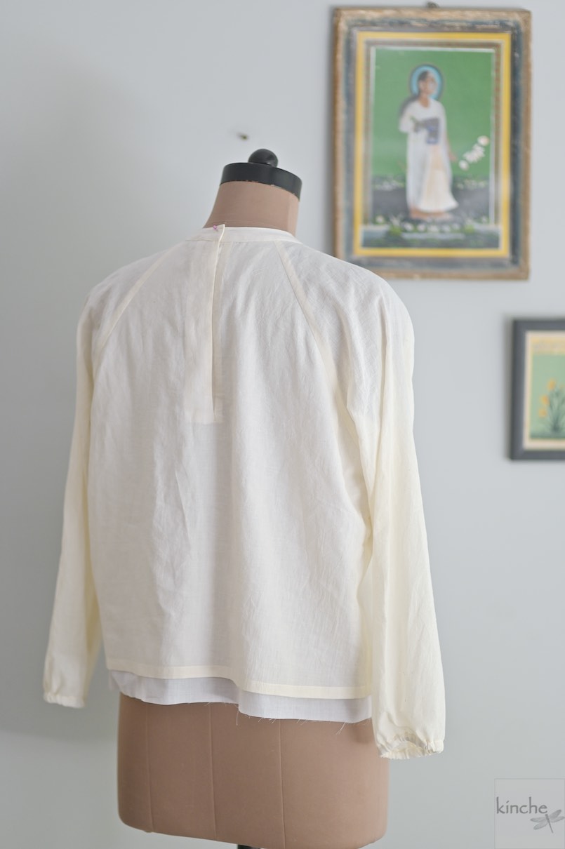 Eunseo, Hand Smocked Khadi, Layered Blouse with Halter Bell Sleeves - kinchecom