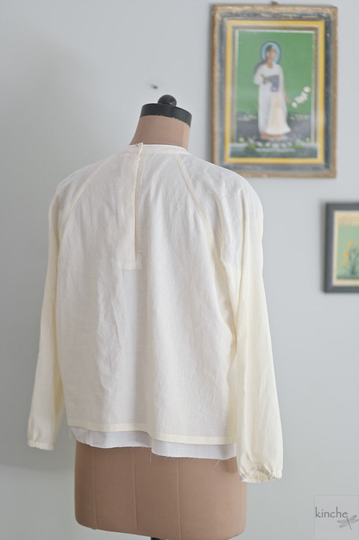 Eunseo, Hand Smocked Khadi, Layered Blouse with Halter Bell Sleeves - kinchecom