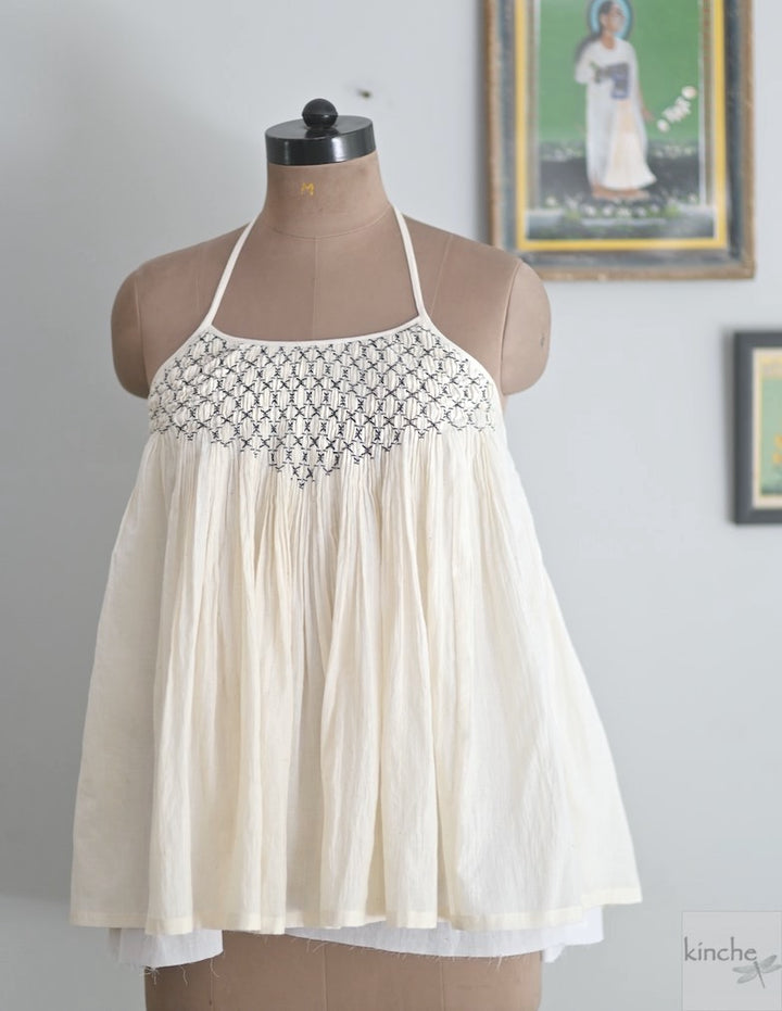 Nari, Hand Smocked Khadi Halter, Tie Back Blouse, Fully Linede - kinchecom