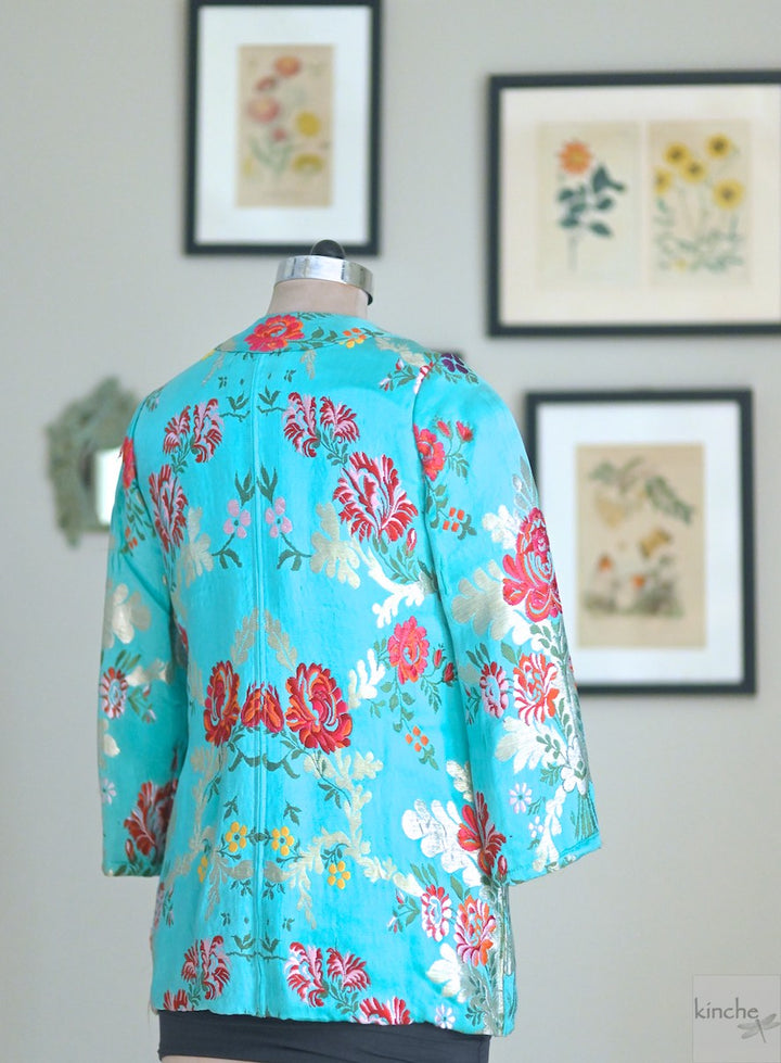 S/M Resoor, Hand Crafted Pure Brocade Thigh Length Jacket in Tiffany Blue - kinchecom