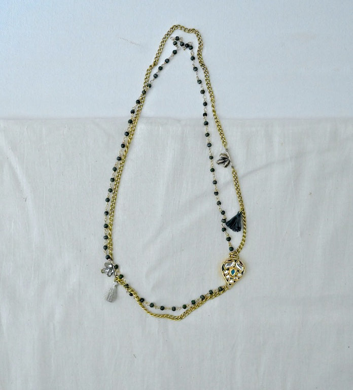 Blythe, Kundan/Polki Pendant, Brass Chain, Glass Beads & Tassels Necklace - kinchecom