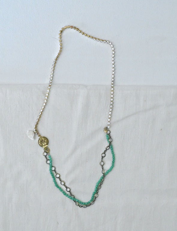 Selma, Vintage Pendant, Green Glass Beads, Rhinestone, Tassels & Crystal Necklace - kinchecom