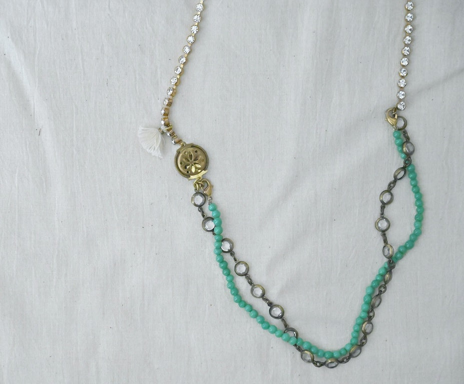 Selma, Vintage Pendant, Green Glass Beads, Rhinestone, Tassels & Crystal Necklace - kinchecom