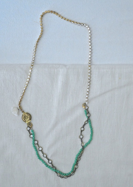 Selma, Vintage Pendant, Green Glass Beads, Rhinestone, Tassels & Crystal Necklace - kinchecom