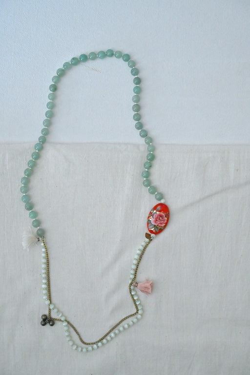 Amelia, Aventurine Semi Precious Beads, Japanese Bead & Brass Beaded Necklace - kinchecom