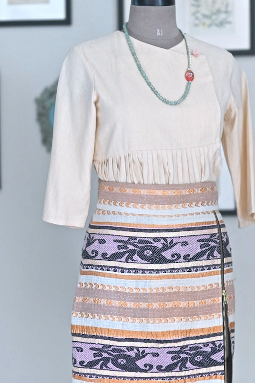 Adros, Vintage kantha Handmade Adjustable Zipper Thigh Slit, Skirt - kinchecom