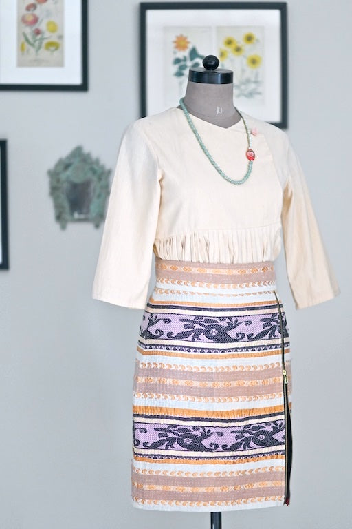 Adros, Vintage kantha Handmade Adjustable Zipper Thigh Slit, Skirt - kinchecom