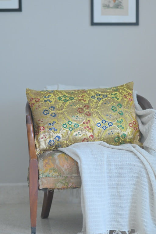 Jalangi, Katan Silk Size Medium 24" X 16" Handmade Cushion in Gold - kinchecom