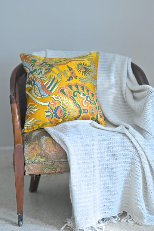 Ahar, Brocade Silk Cushion in Yellow Dragon Weaving 16X16 Inches - kinchecom