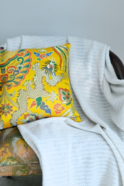 Ahar, Brocade Silk Cushion in Yellow Dragon Weaving 16X16 Inches - kinchecom