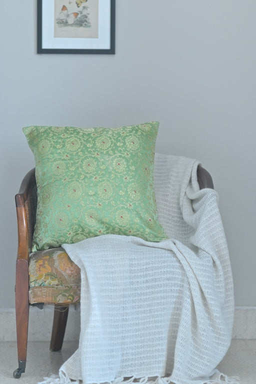 Raavi, Katan  Silk Brocade Luxury Cushion Cover in Vintage Green  Zipper Enclosure - kinchecom