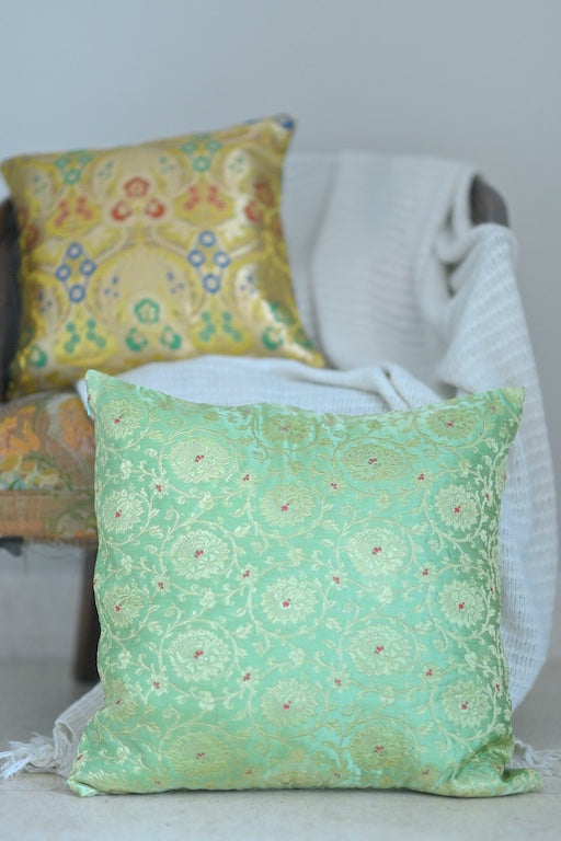 Raavi, Katan  Silk Brocade Luxury Cushion Cover in Vintage Green  Zipper Enclosure - kinchecom